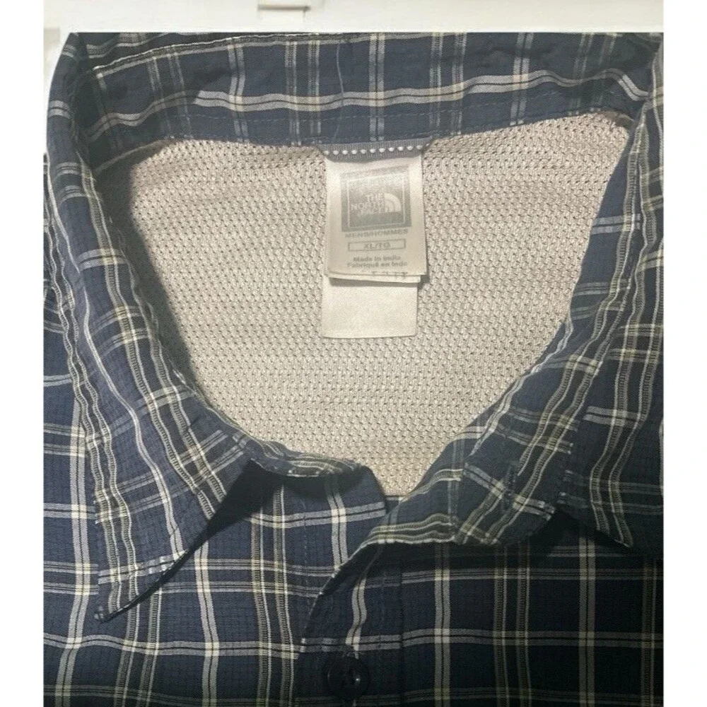 The North Face Men’s XL Blue Plaid Button Up Shirt Outdoor Missing Button